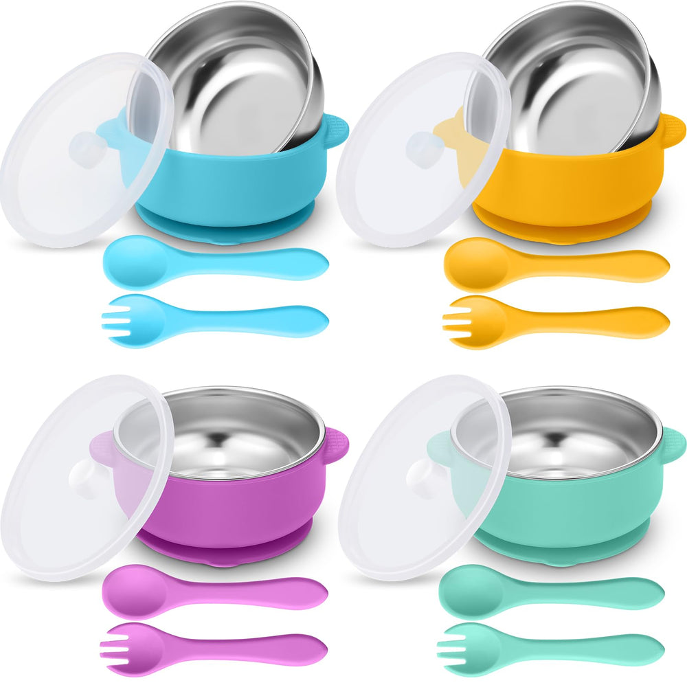 Nuogo baby bowls with blue silicone shell for mess-free meals and safety.