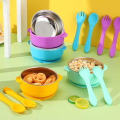 Nuogo baby bowls with purple silicone shell for engaging toddler meals.