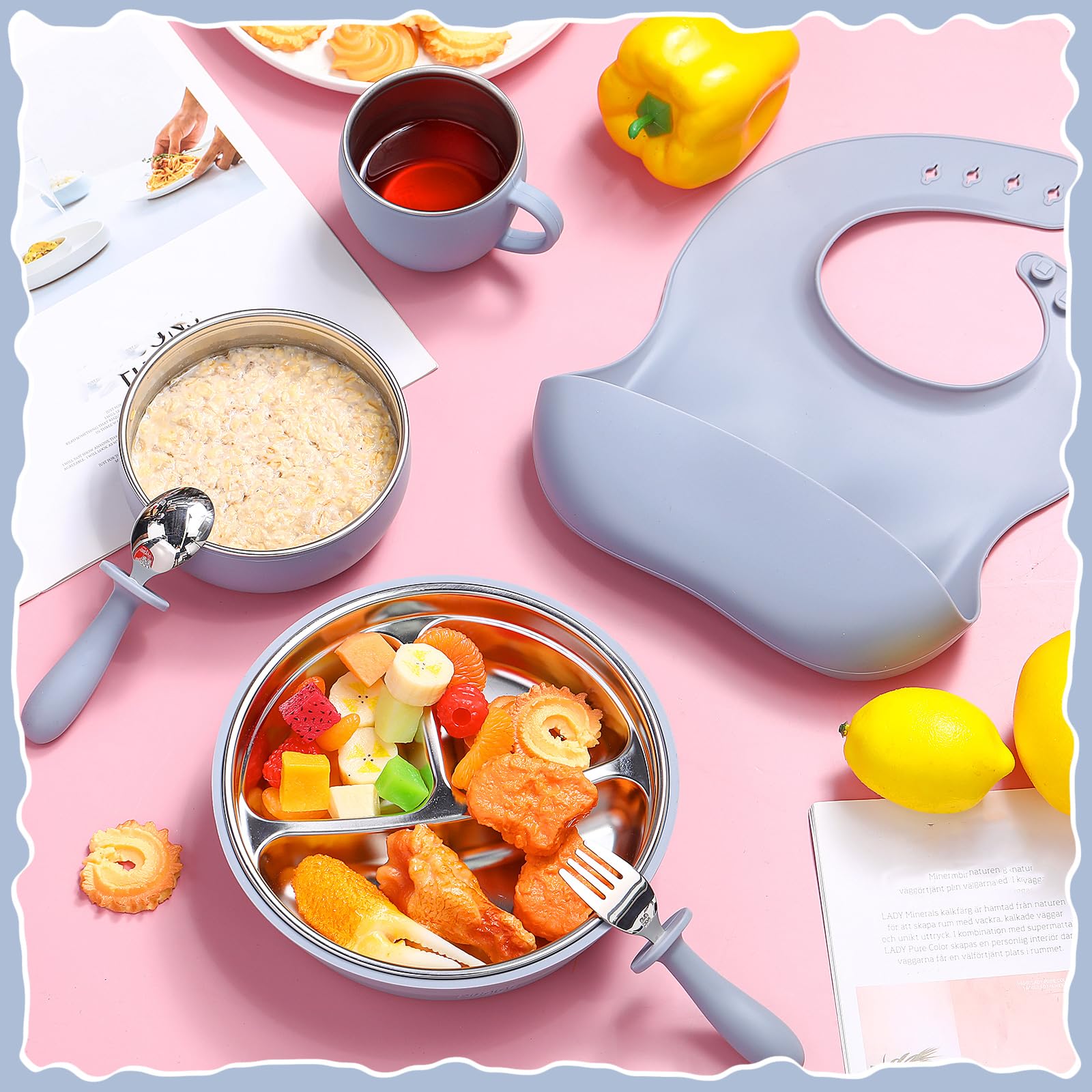 Nuogo 6-piece feeding set in action at mealtime.