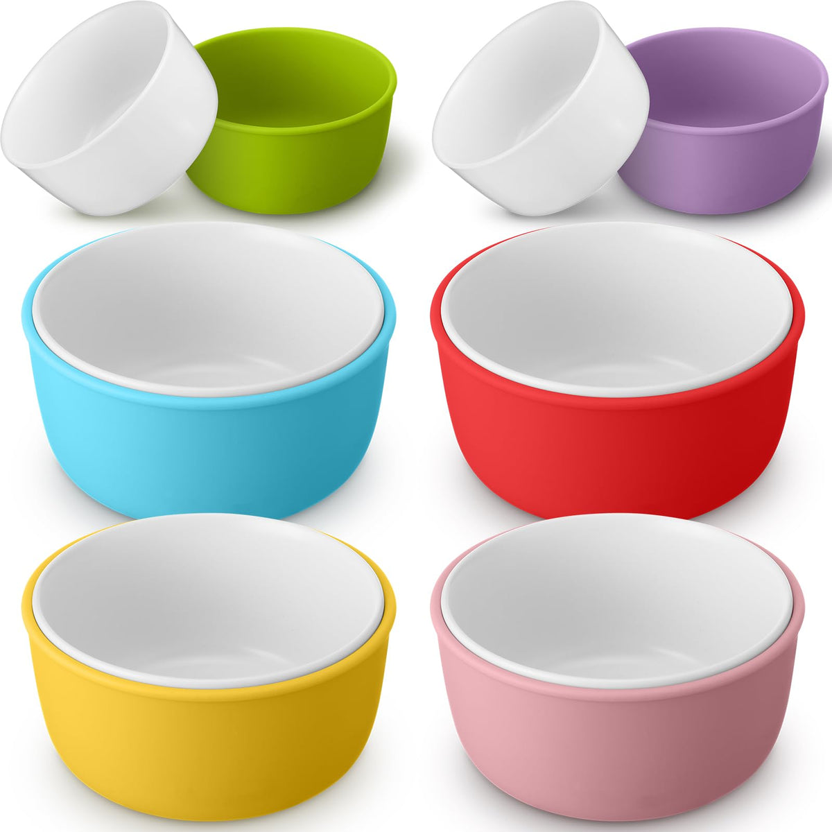 Nuogo kids porcelain bowls with silicone sleeve set, six colorful designs for mealtime.