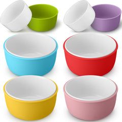 Nuogo kids porcelain bowls with silicone sleeve set, six colorful designs for mealtime.