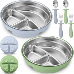 Nuogo stainless steel baby plate with suction cups keeps meals stable for mess-free feeding.