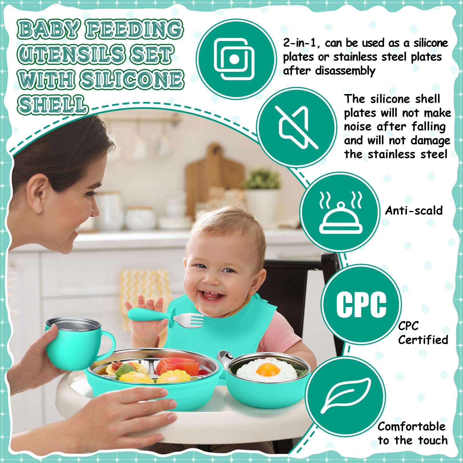 Nuogo teal bowl with suction helps prevent spills at mealtime.