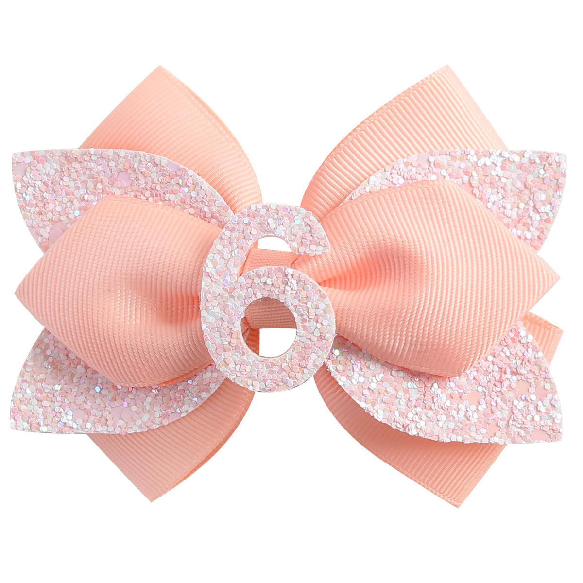 Nuolich glitter birthday bow peach front view for festive baby girl outfits.
