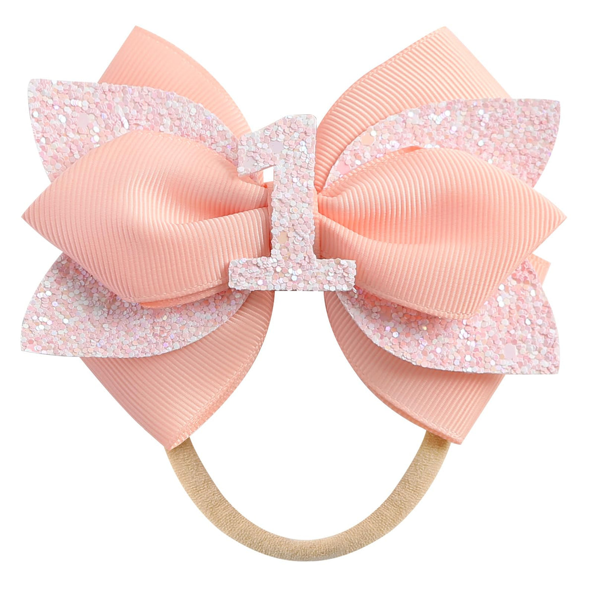 Nuolich glitter birthday bow peach with number 1 detail for first birthday photos.