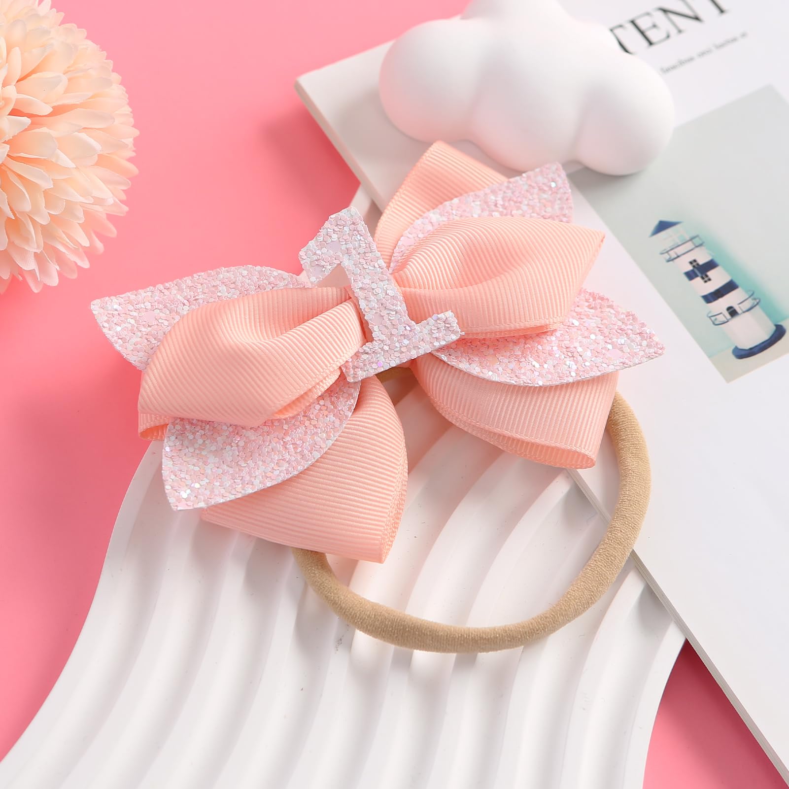 Nuolich glitter birthday bow peach with number 4 detail for birthday shoots.