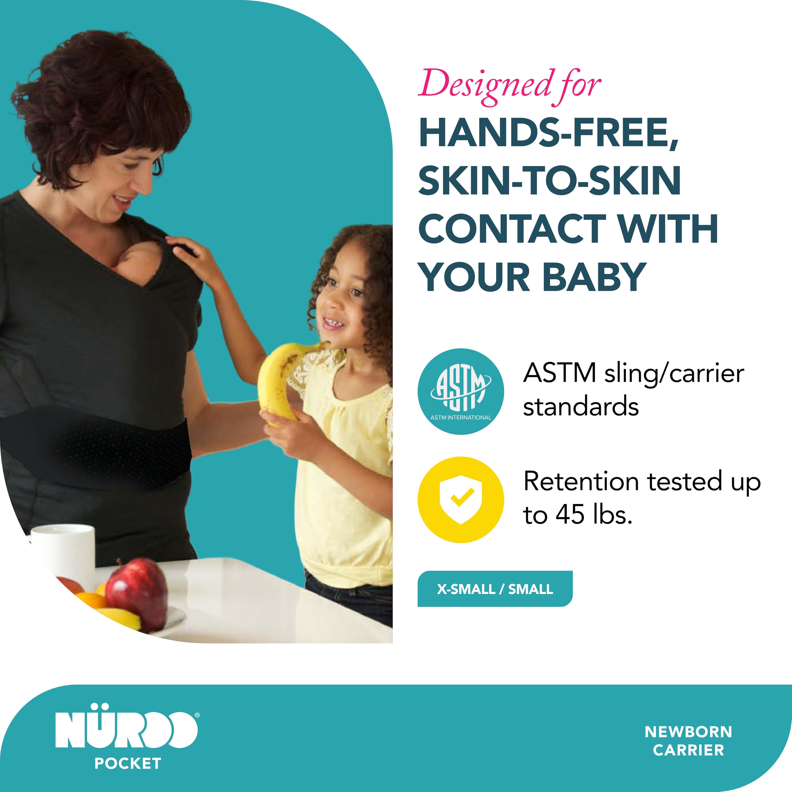 NüRoo Brownmed pocket-skin-to-skin carrier shirt side view shows ergonomic support