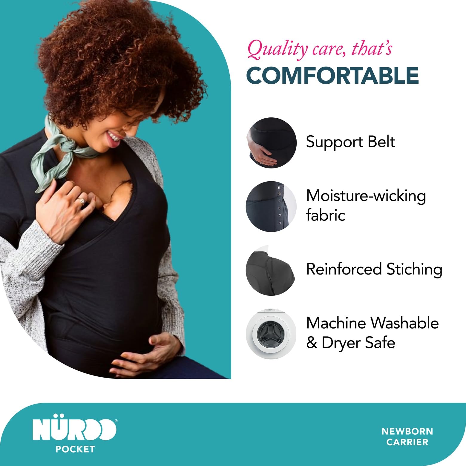 NüRoo Brownmed pocket skin-to-skin carrier shirt cushioned back panel supports postpartum comfort.