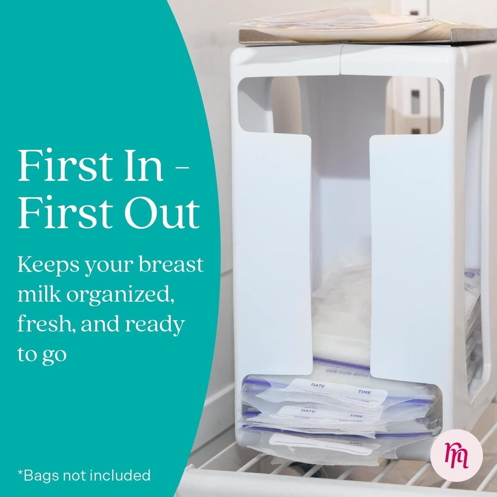 Nurse & Nourish storage tower with freeze plate ensures flat-freeze for easy bag sorting.