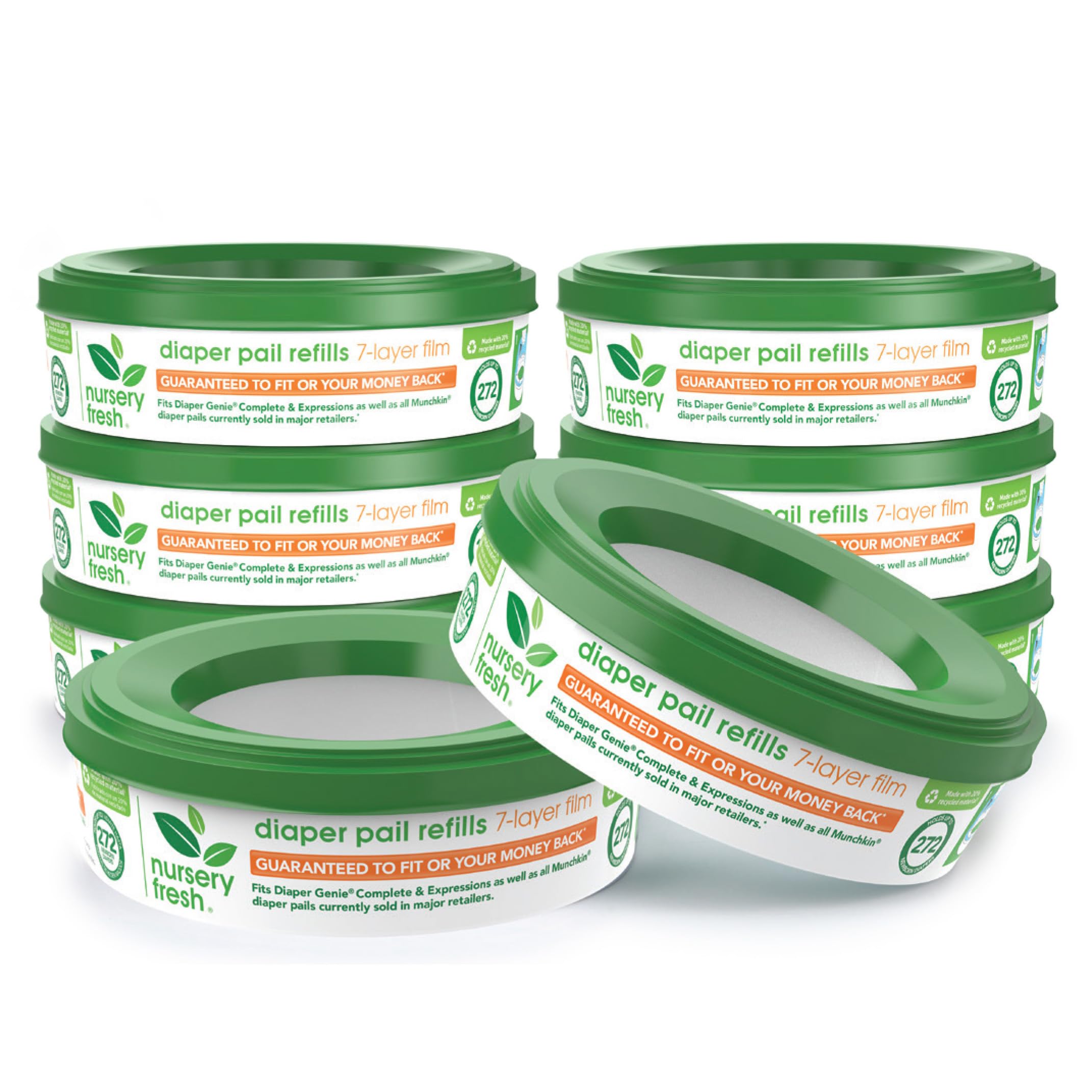Nursery Fresh refill rings for Diaper Genie and Munchkin pails, 8-pack ready for steady diaper storage.