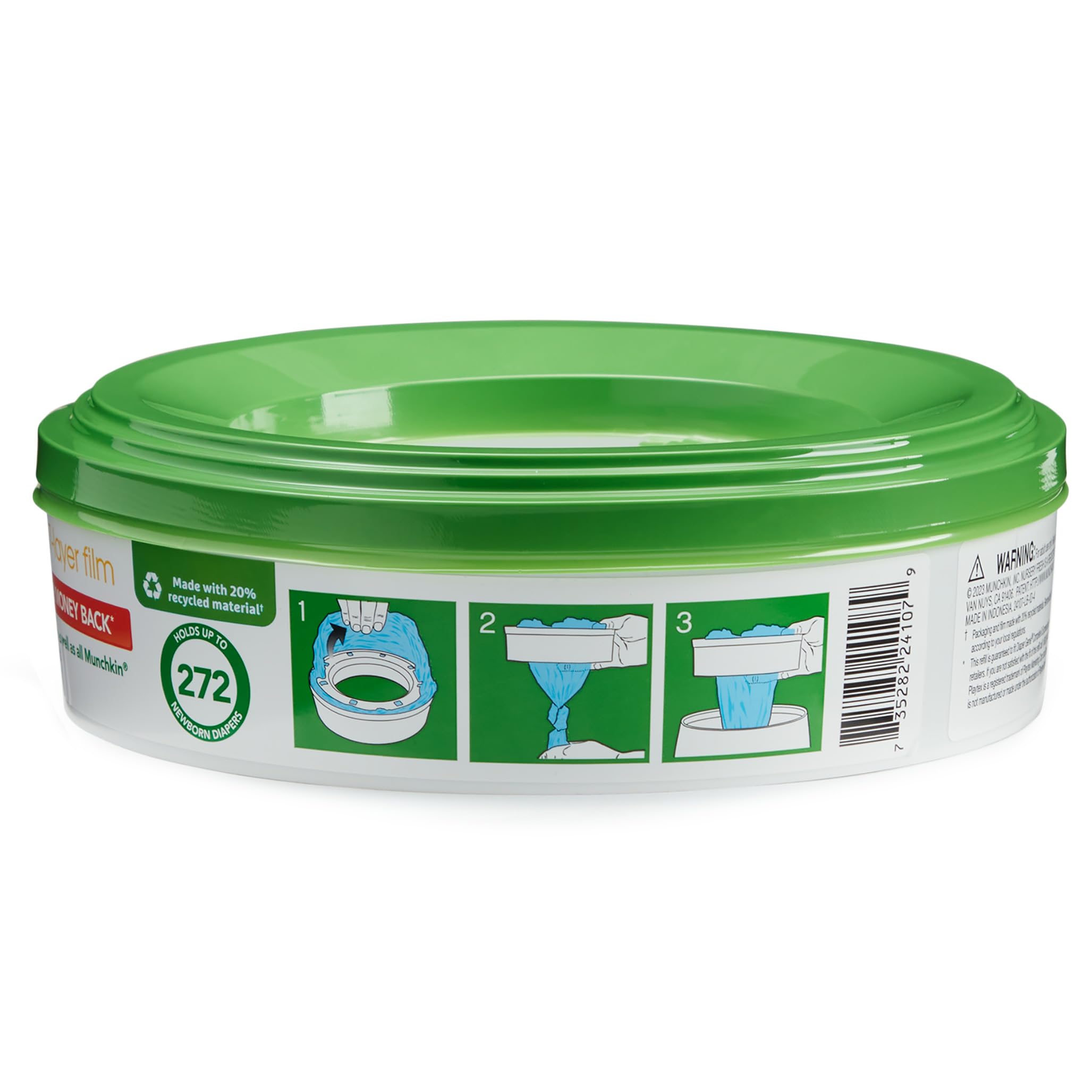 Nursery Fresh refill ring with Munchkin pail installation, illustrating compatibility with major retailers.
