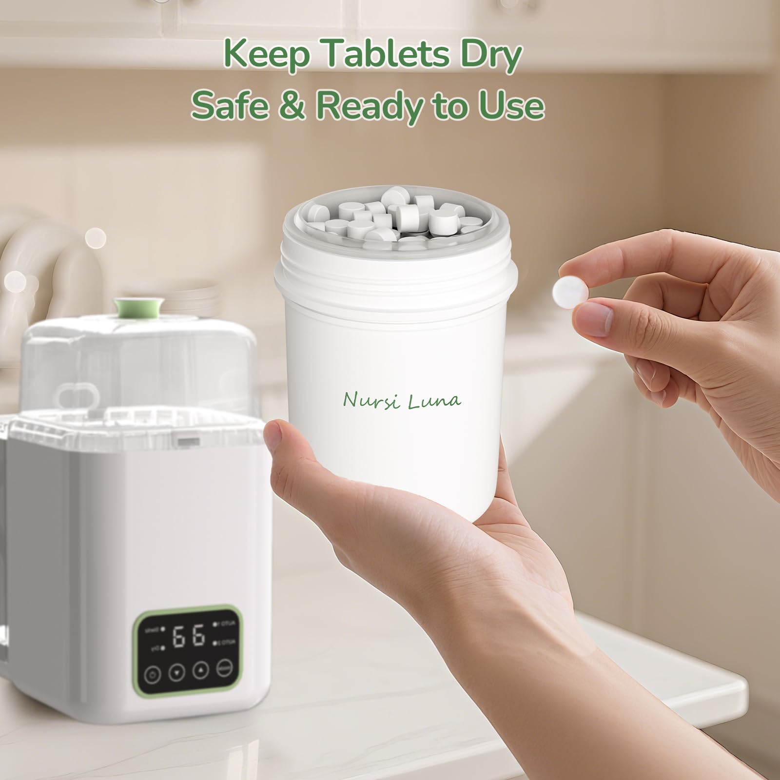 Nursi Luna detergent tablets dissolving in water for fast action.
