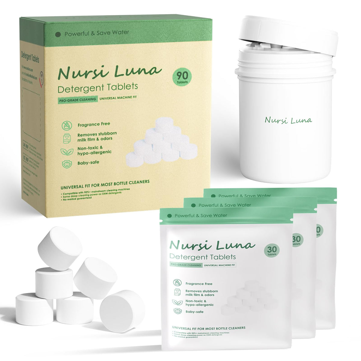 Nursi Luna detergent tablets in storage container for easy daily bottle cleaning.