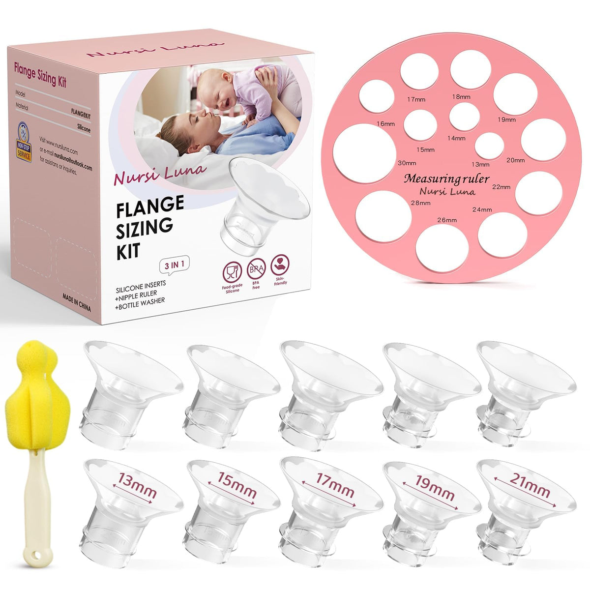 Nursi Luna flange inserts pack shows versatile sizing for comfortable pumping.
