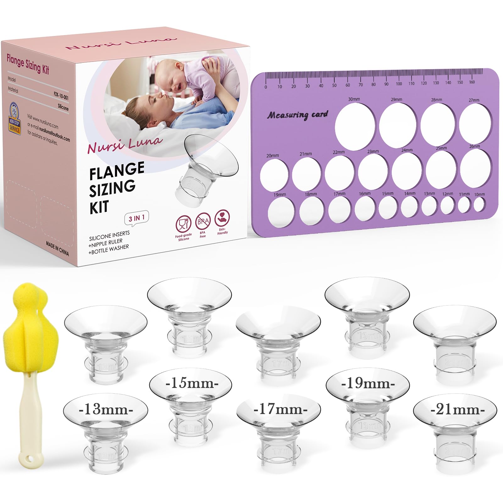 Nursi Luna flange sizing kit open-pack demonstrates quick size exploration and comfort options