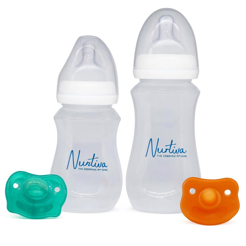 Nurtiva baby bottle 240ml natural latch closeup promotes a breast-like feeding feel.