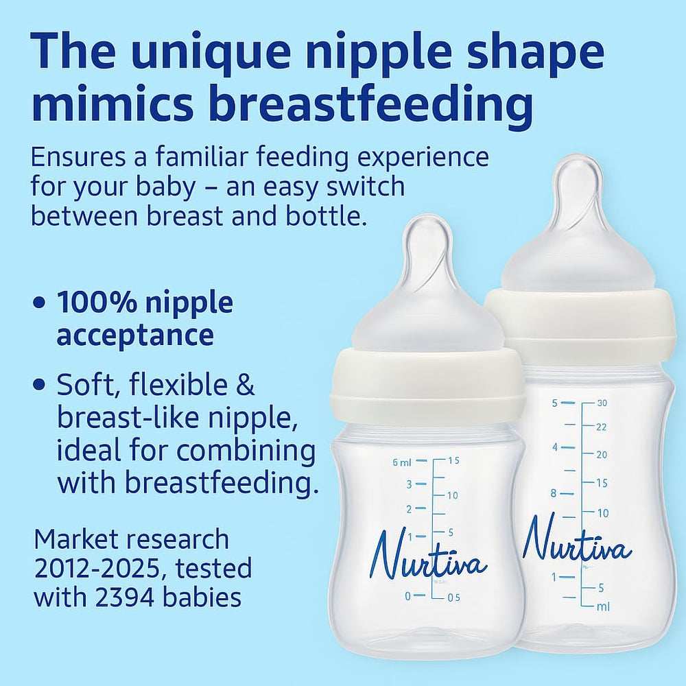 Nurtiva newborn use moment with 240ml bottle captures natural latch transition.