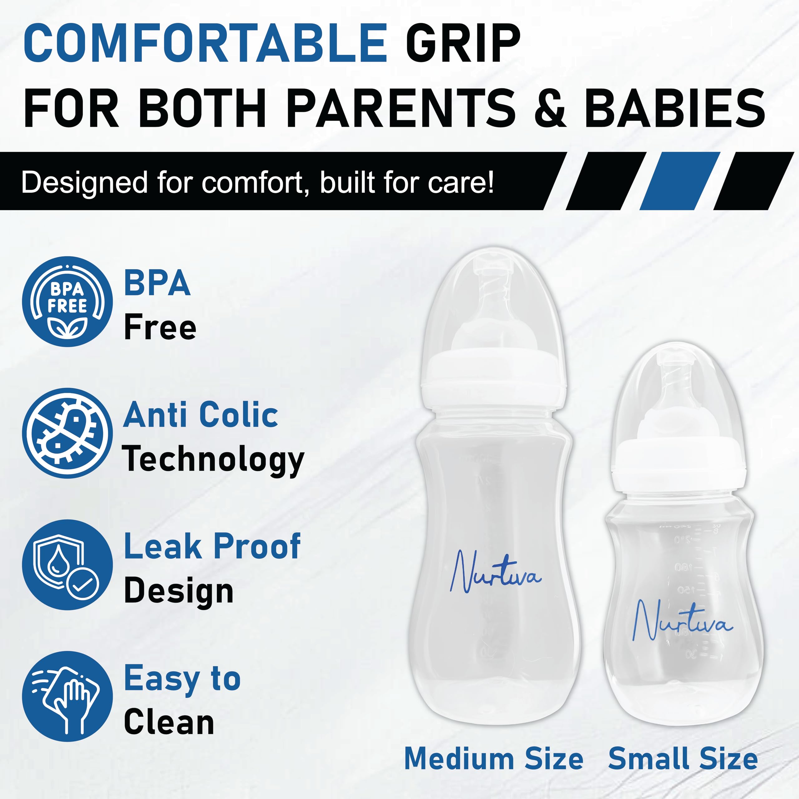 Nurtiva soft silicone bottle closeup shows gentle flow for newborn comfort.