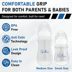 Nurtiva soft silicone bottle closeup shows gentle flow for newborn comfort.