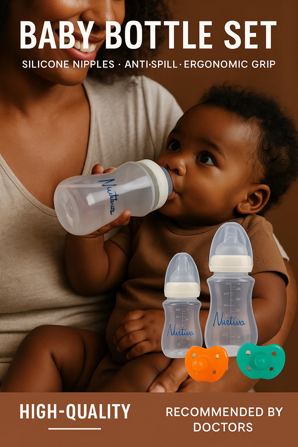 Nurtiva pacifier included with bottle set for soothing feeds