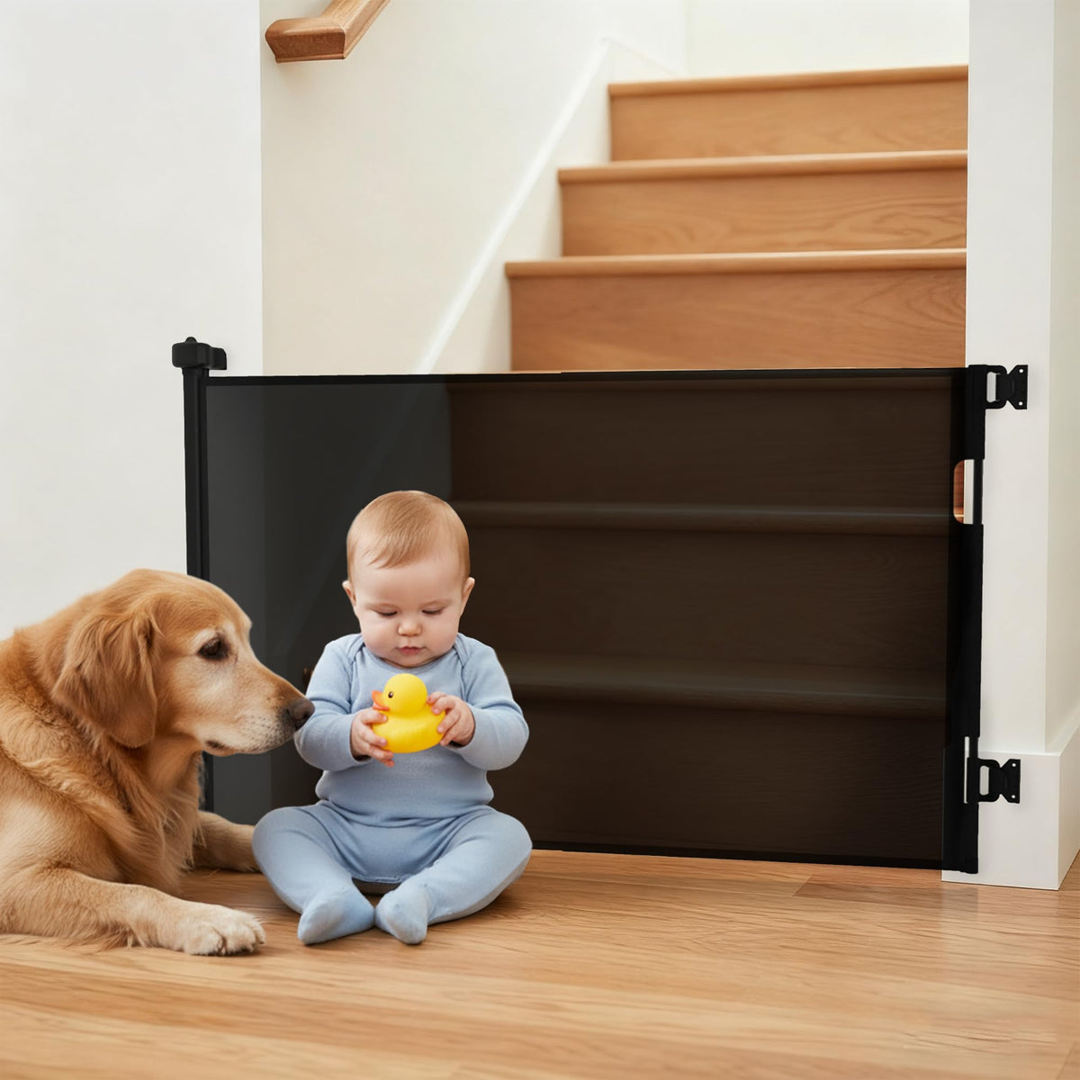 NurturaNook retractable gate extended in doorway provides safe kid and pet access control.
