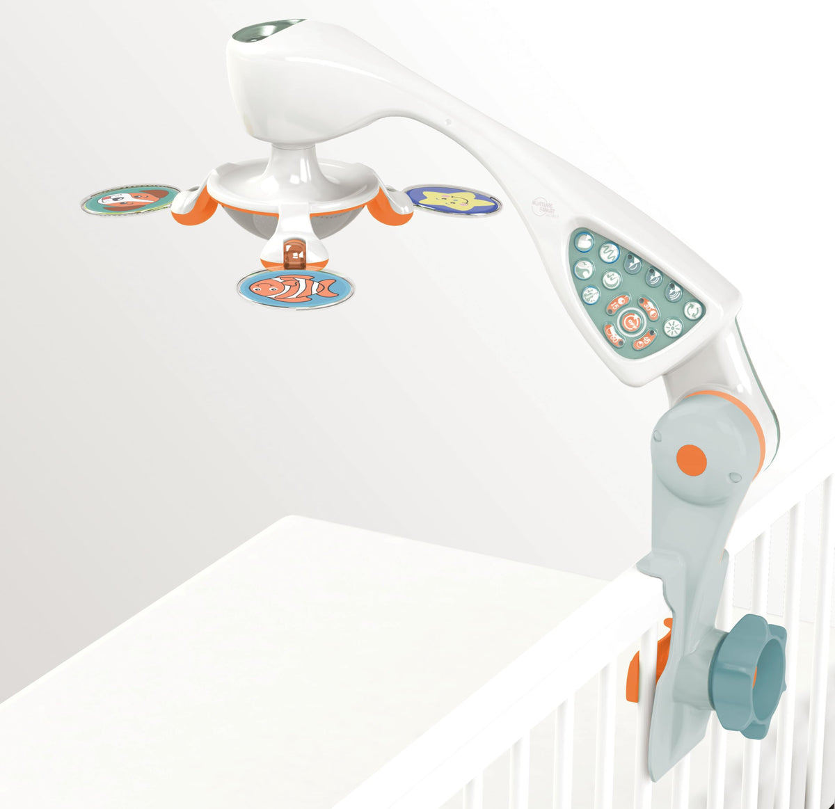 Nurture Smart crib mobile projector with rotating visuals for early development.