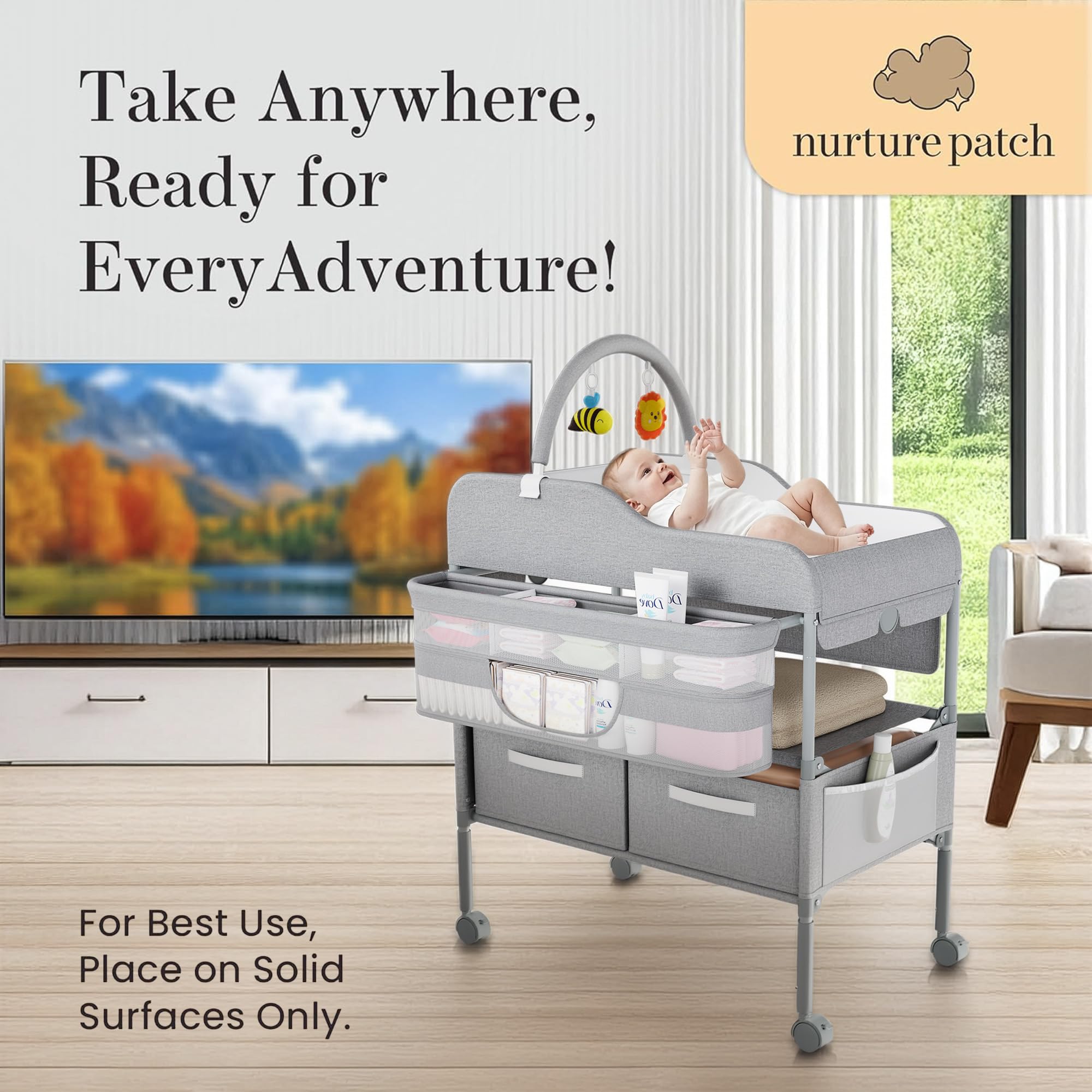 NurturePatch portable changing table bottom shelf stores outfits and blankets neatly