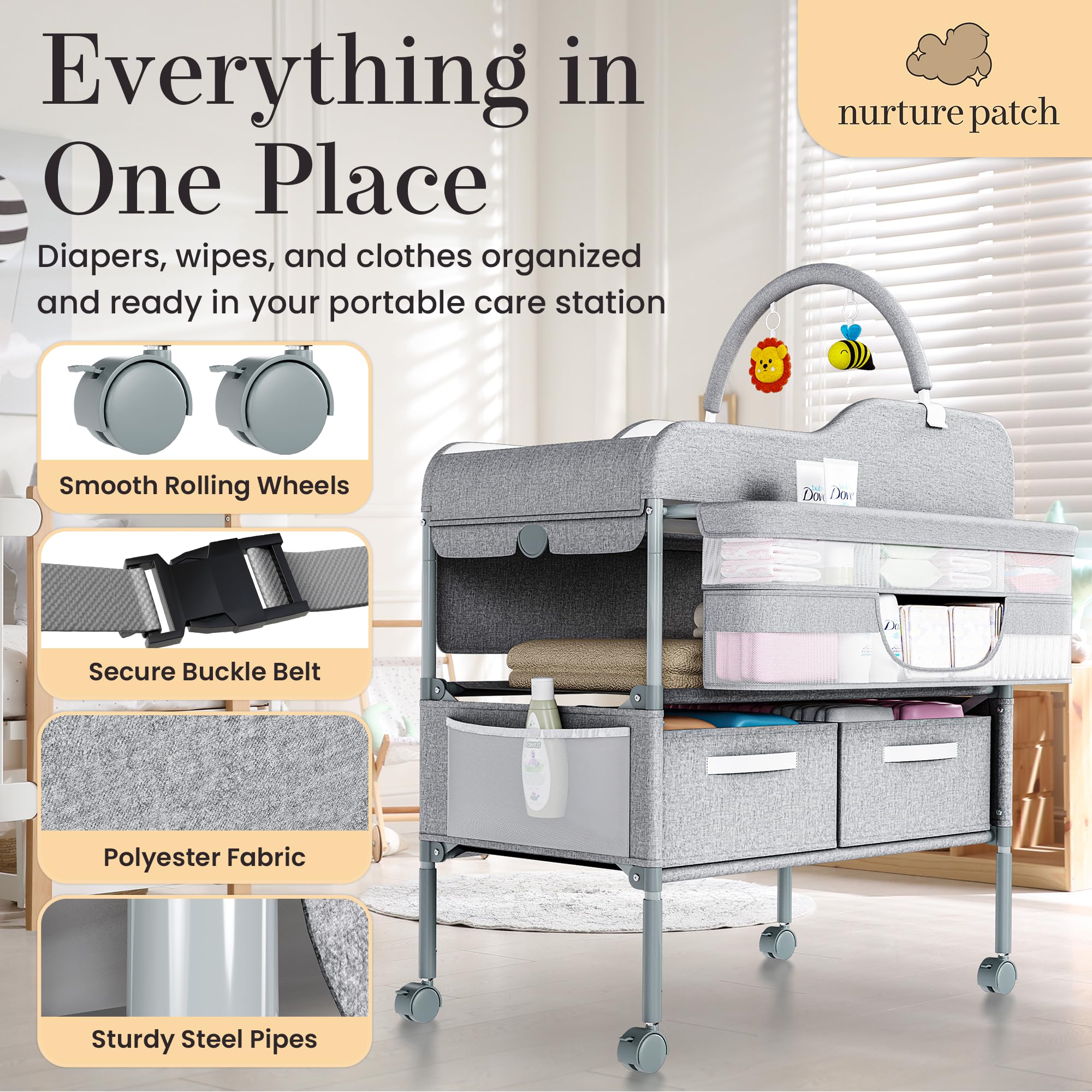 NurturePatch portable changing table toy holder engages baby during changes