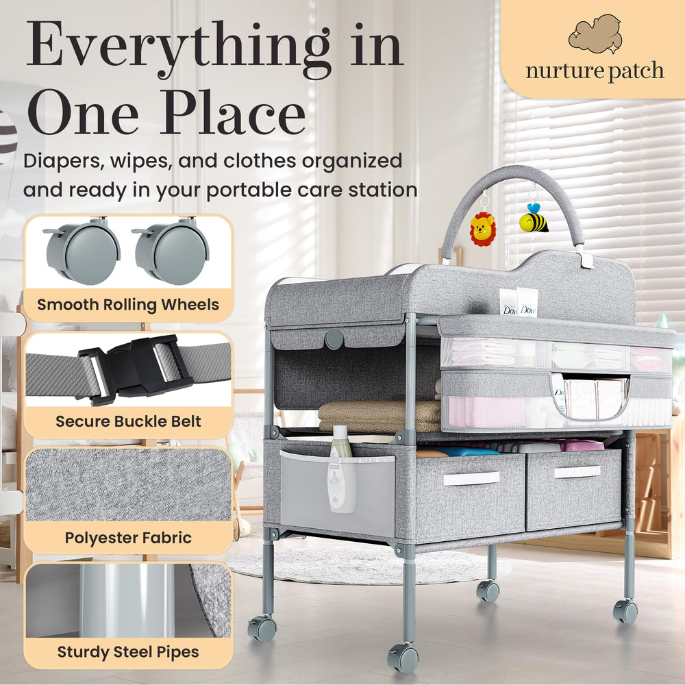 NurturePatch portable changing table toy holder engages baby during changes