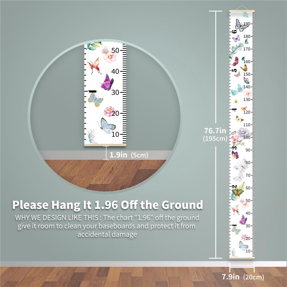Nustila growth chart with wooden frame complements nursery decor.
