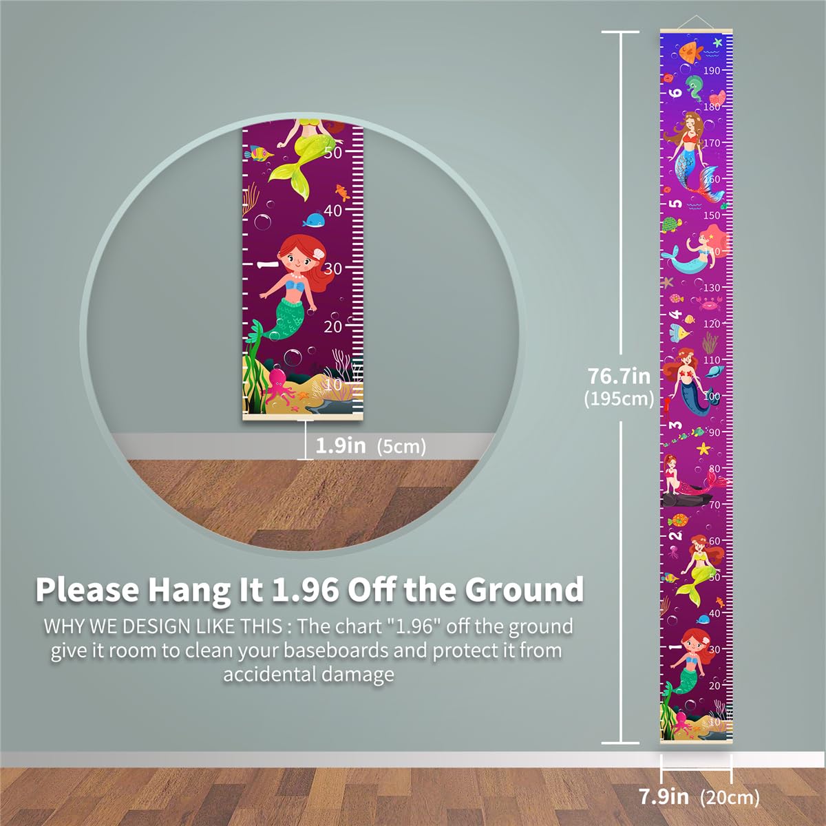 Nustila Ocean Mermaid Growth Chart beige wood frame adds warm nursery charm.