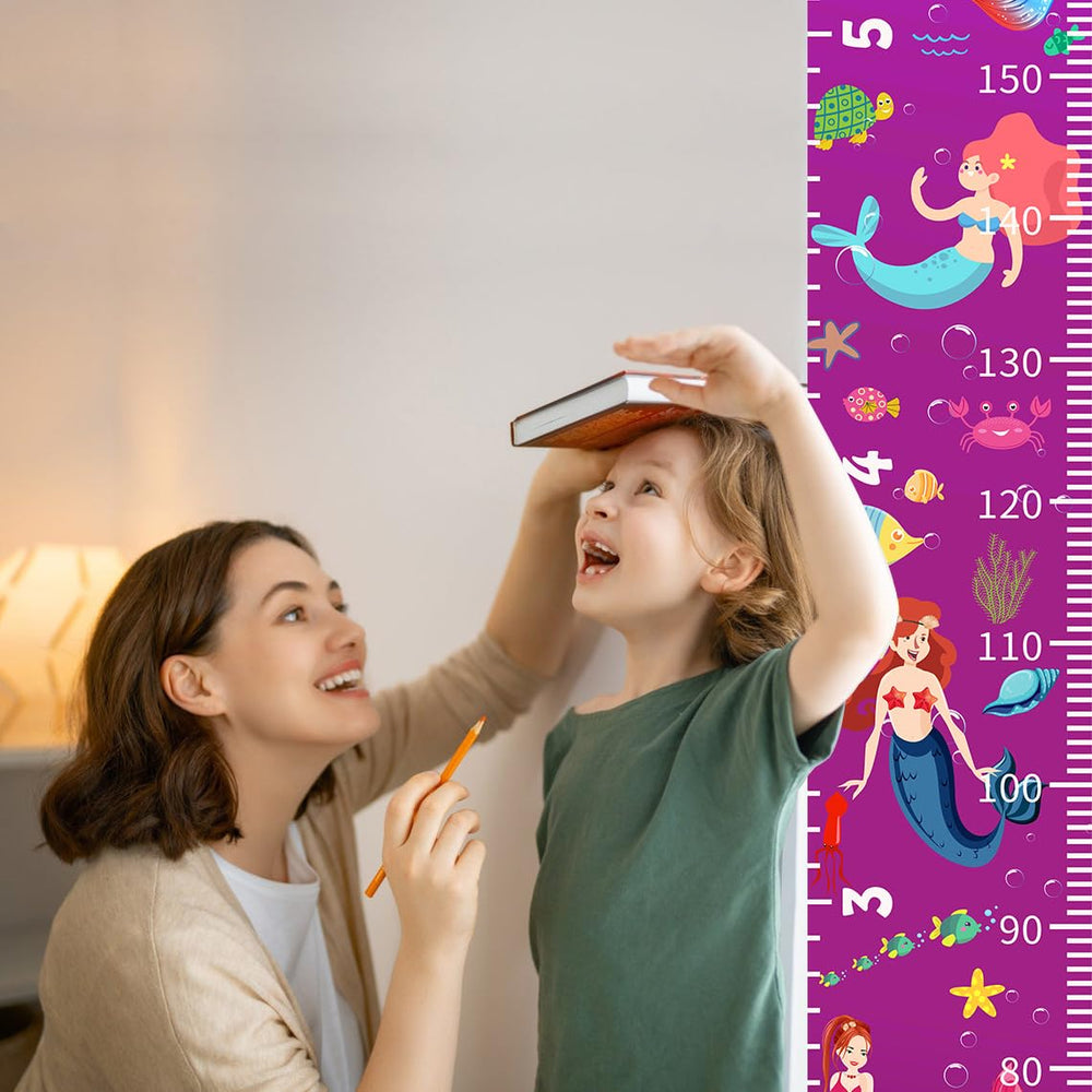 Nustila Ocean Mermaid Growth Chart wall hanging shows two scales for metric and imperial reading.