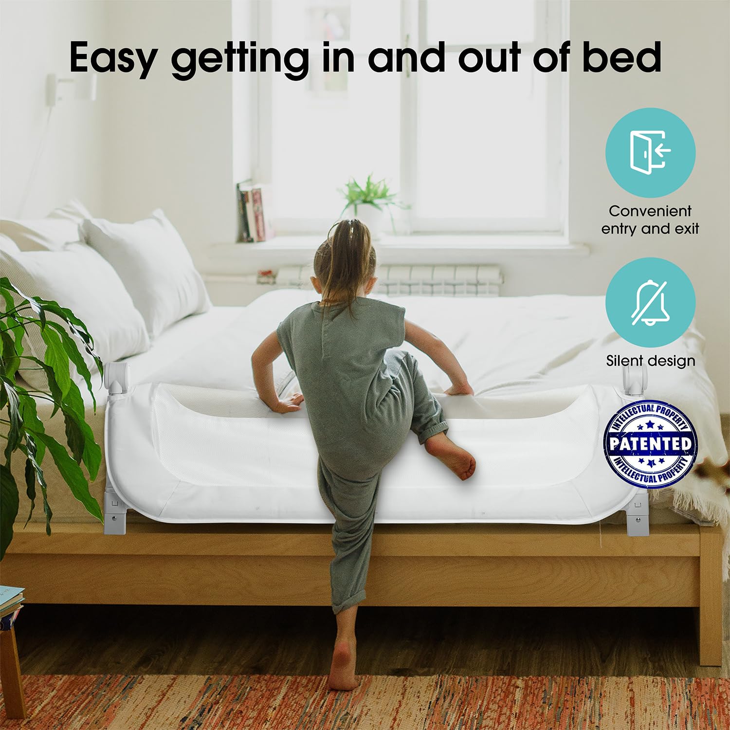 NUTIKAS 46-inch bed rail guard length spanning twin to queen setups.