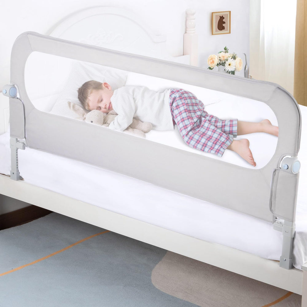 NUTIKAS baby bed rail guard side view highlights sturdy safety for peaceful nights.