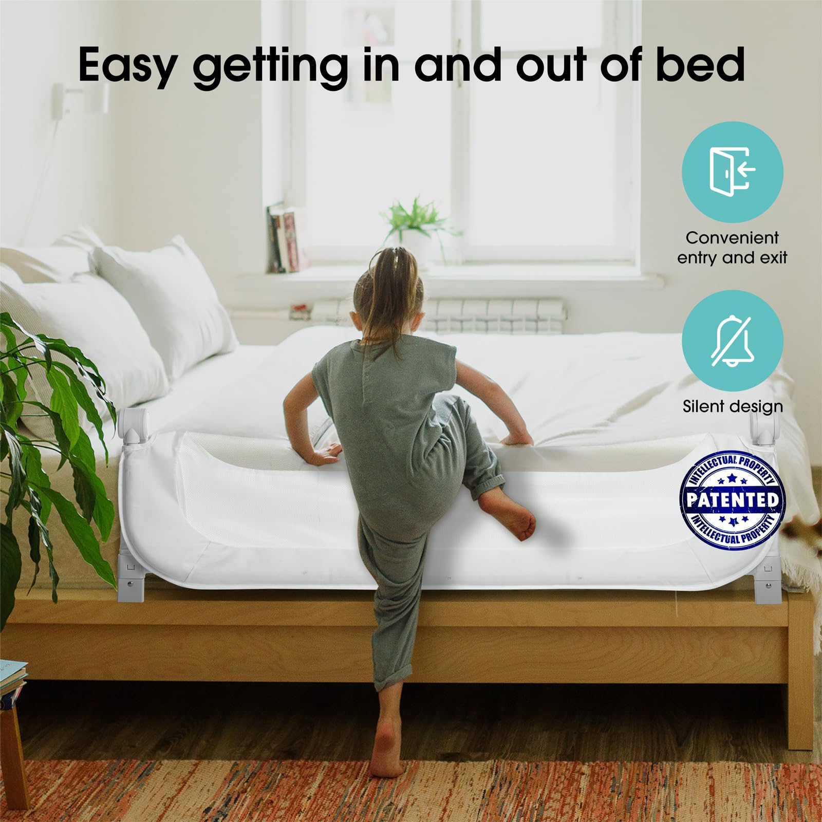 NUTIKAS bed rail guard with swing-down feature enables easy toddler entry.