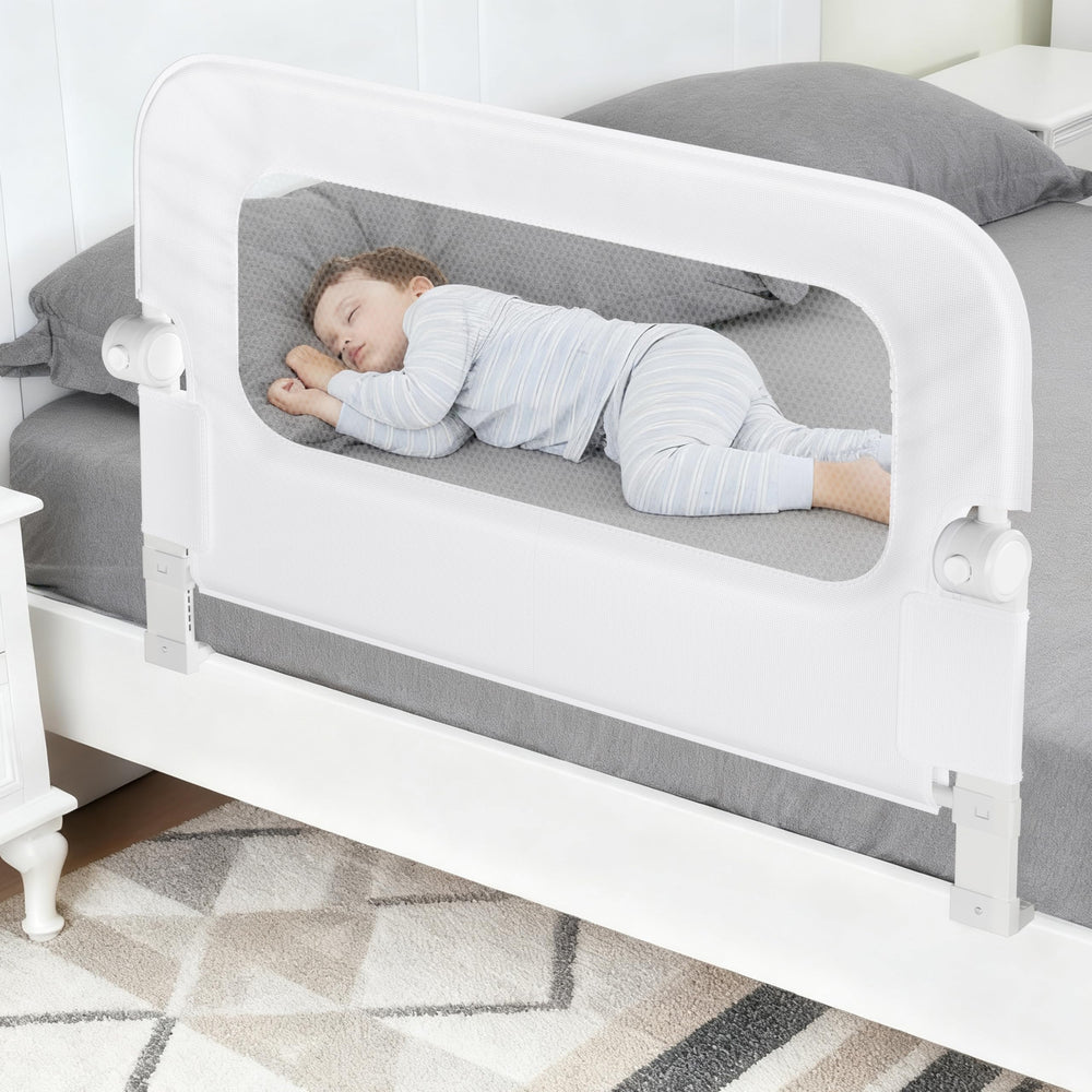 NUTIKAS baby bed rail guard swing-down design eases toddler in-and-out