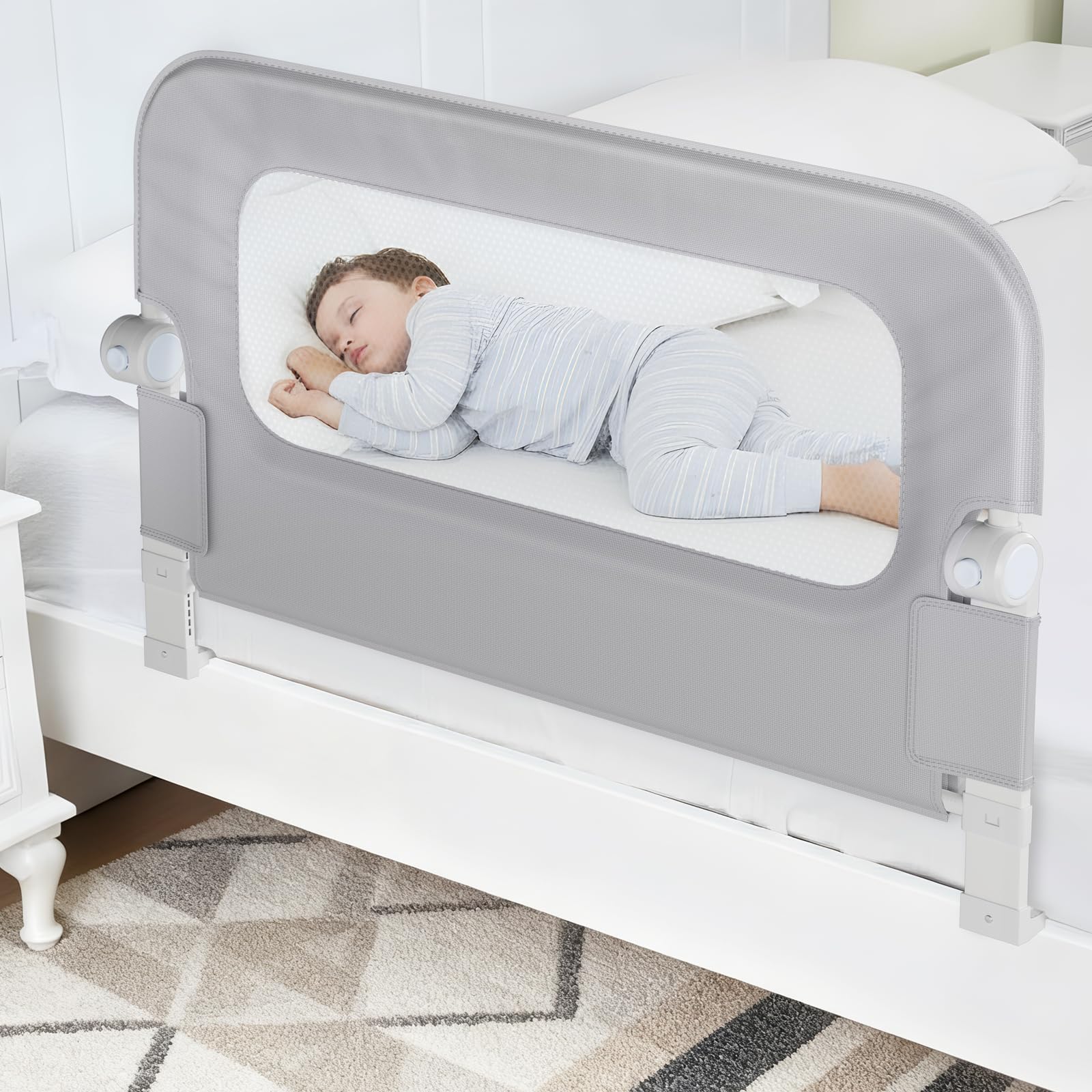 NUTIKAS bed rail guard swing-down demonstrates easy, quiet toddler access.