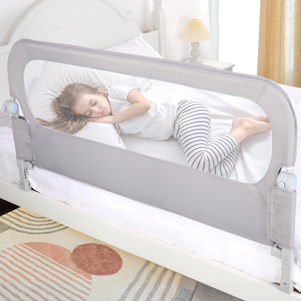 NUTIKAS baby bed rail with swing-down mechanism enabling quiet, easy child in-and-out access