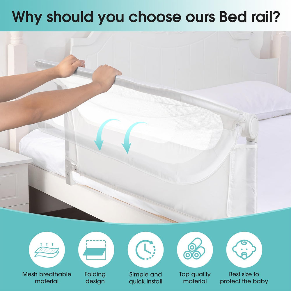 NUTIKAS bed rail guard with adjustable height to fit various mattresses.