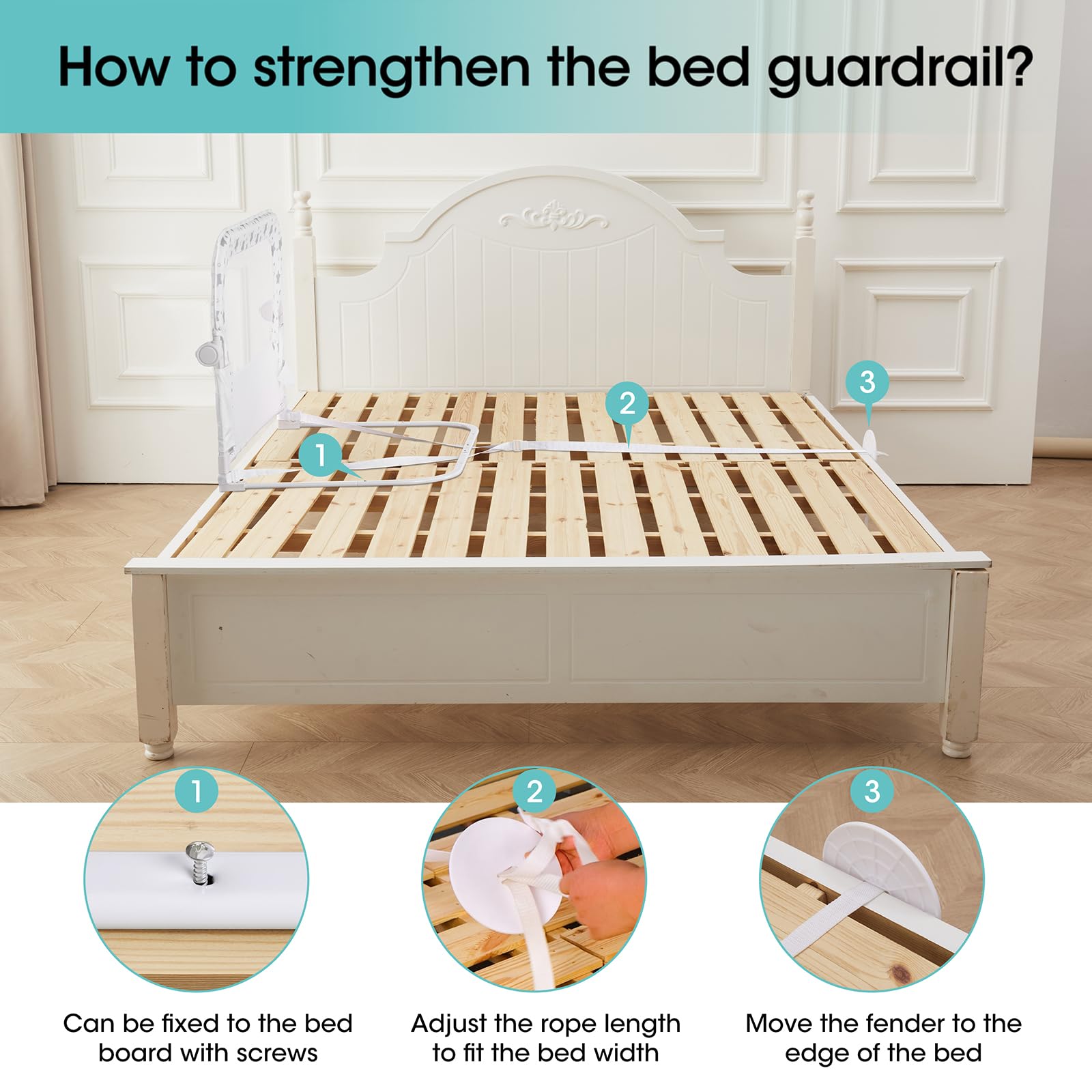 NUTIKAS bed rail guard in-use shows a safe barrier during sleep.