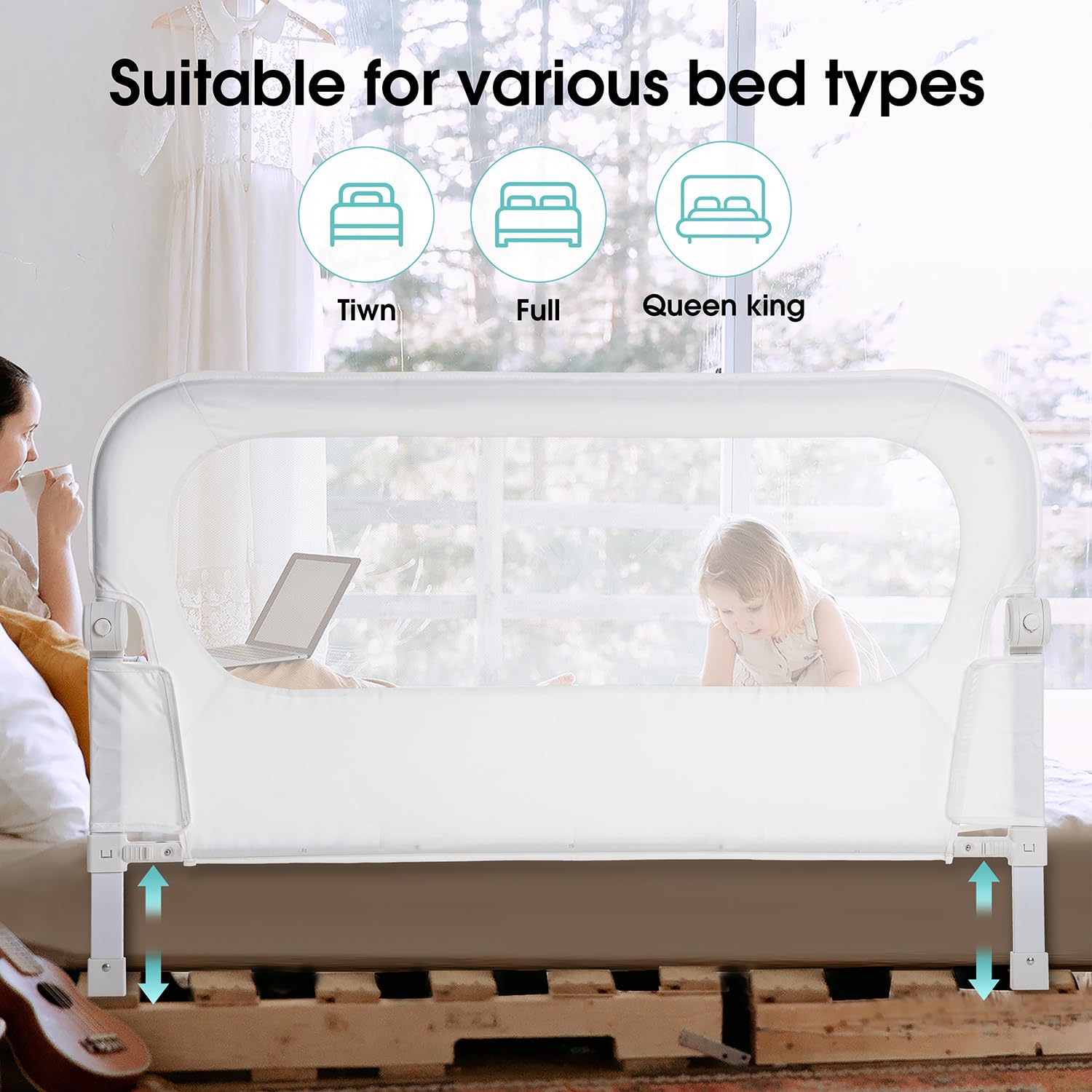 NUTIKAS mesh design bed rail guard promoting breathability and comfort.