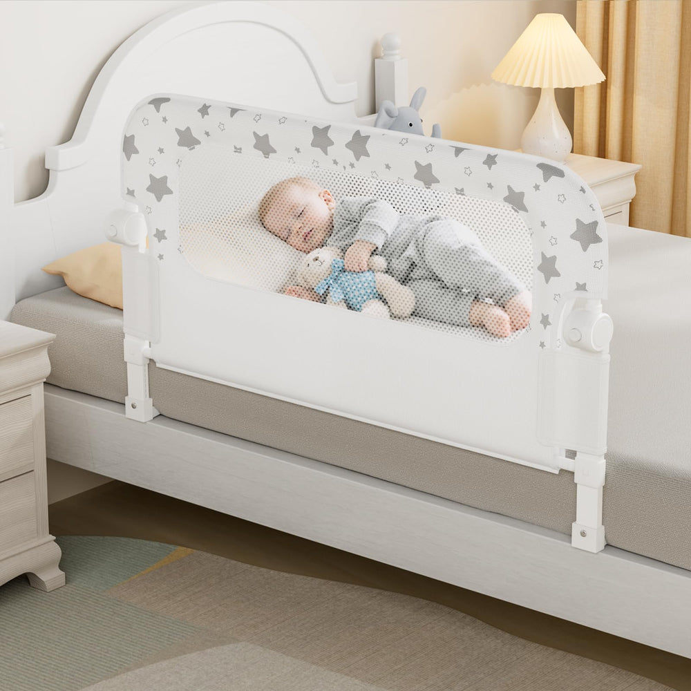 NUTIKAS bed rail guard silent-fold demonstrates quiet entry and exit for peaceful bedtimes.