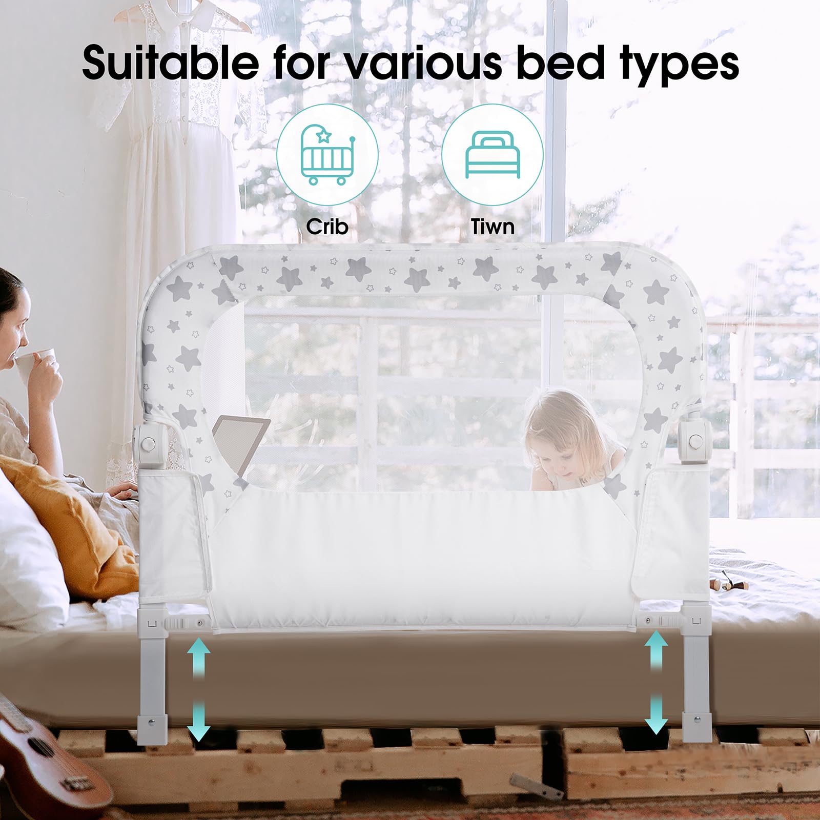NUTIKAS bed rail guard tool-free-setup showcases quick, screwdriver-free installation.