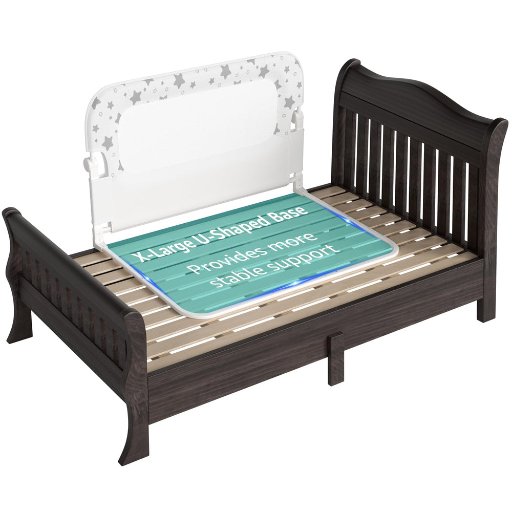 NUTIKAS bed rail guard universal-fit shows adjustable width for twin to queen beds.