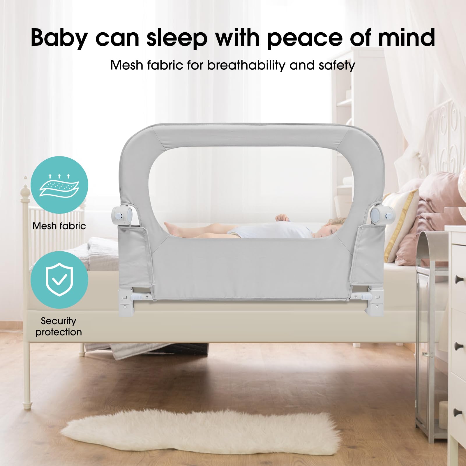 NUTIKAS mesh panel bed rail provides airflow and comfort.