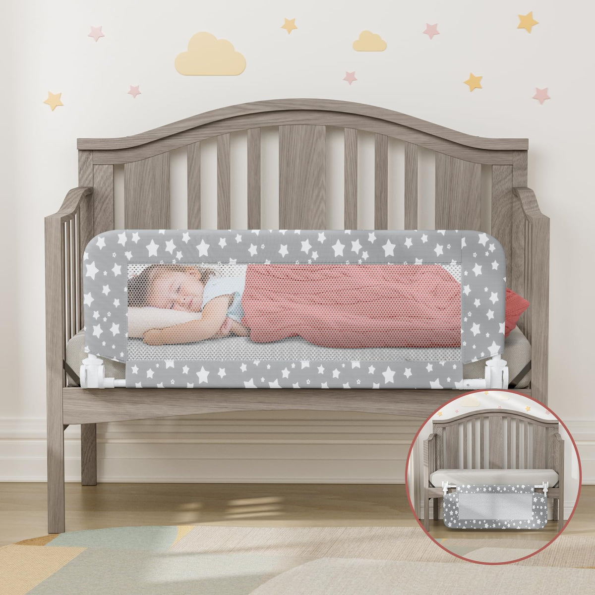 NUTIKAS crib rail guard assembly shows secure installation.