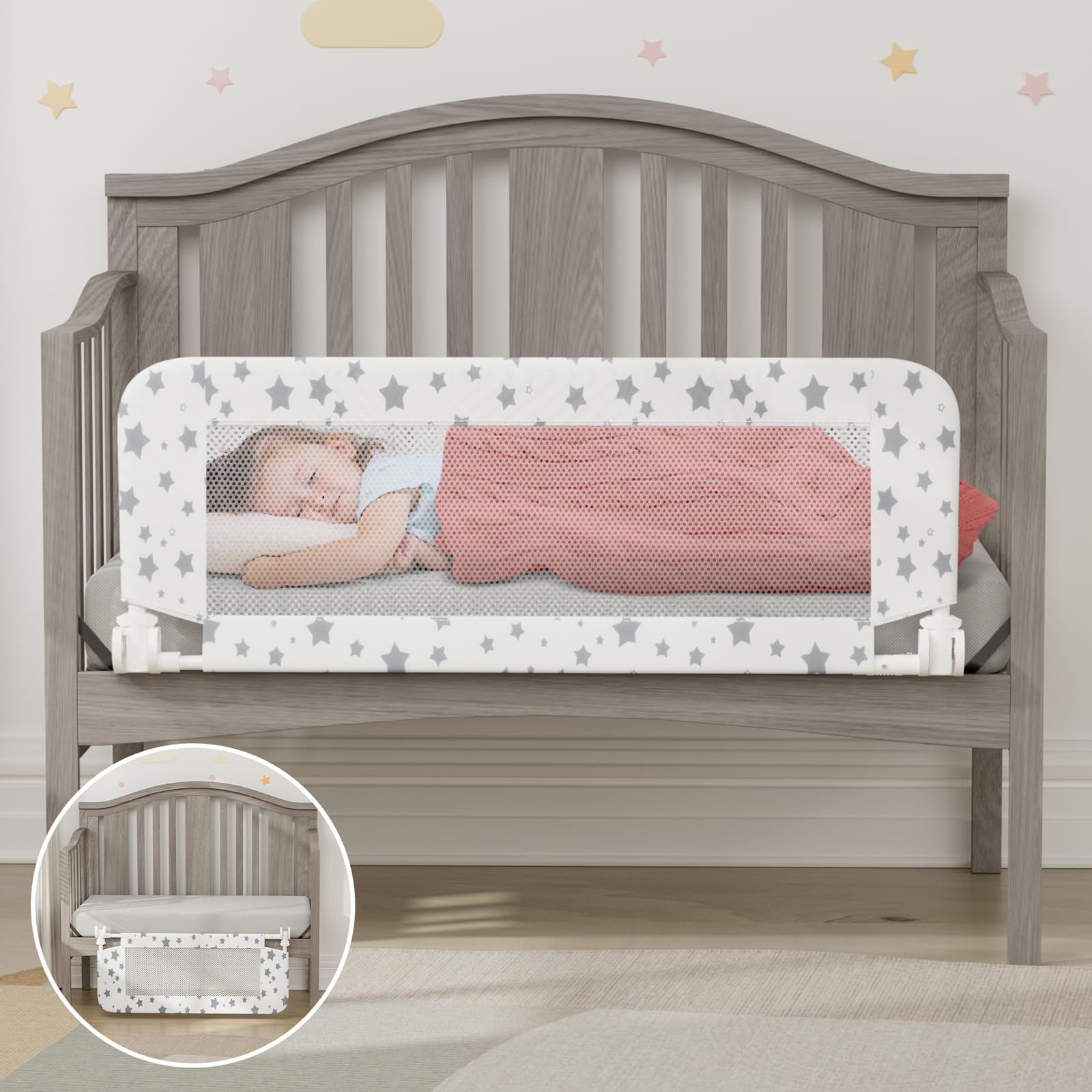 NUTIKAS crib rail guard assembly demonstrates secure attachment to a standard crib