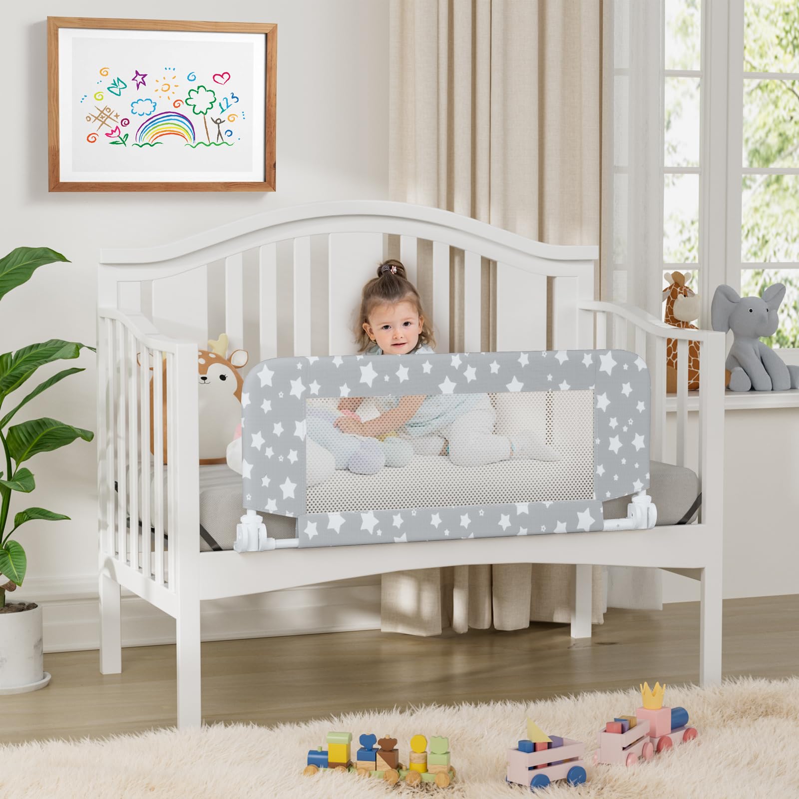 NUTIKAS crib rail dimensions show 35.4 L by 27.6 W by 16 H inches.
