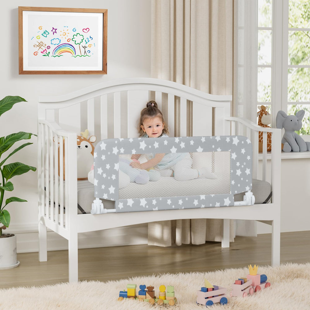 NUTIKAS crib rail dimensions show 35.4 L by 27.6 W by 16 H inches.
