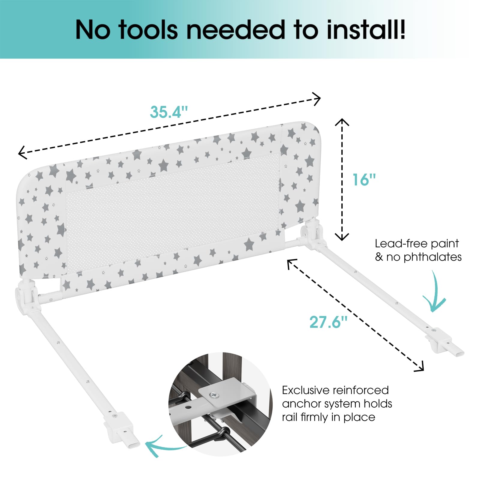 NUTIKAS crib rail guard fold-down hinge enables easy daytime access